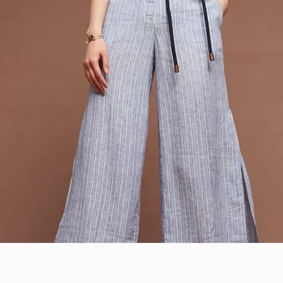 Anthropologie Elevenses Wide-Leg Pants in Light Blue and White Linen Size 6 - Picture 3 of 16